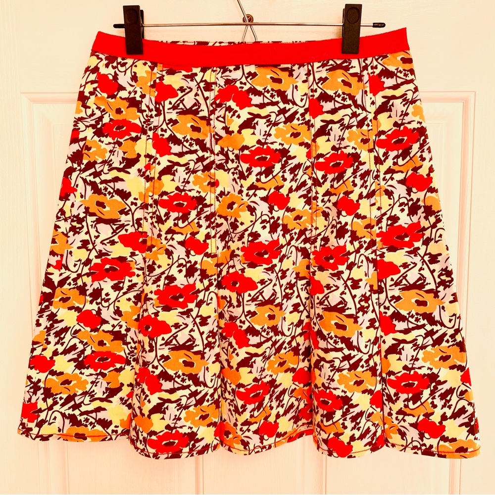 City DKNY Orange Ivory Brown Wide Pleated Floral Skirt Ladies sz 6